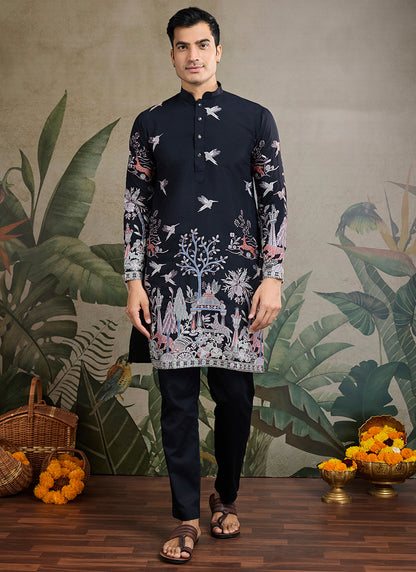 Viscose Silk Pure Black Occasion Wear Stylish Thread Work Kurta