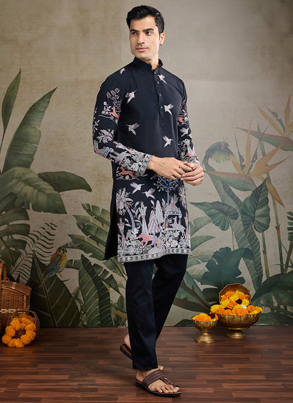 Viscose Silk Pure Black Occasion Wear Stylish Thread Work Kurta