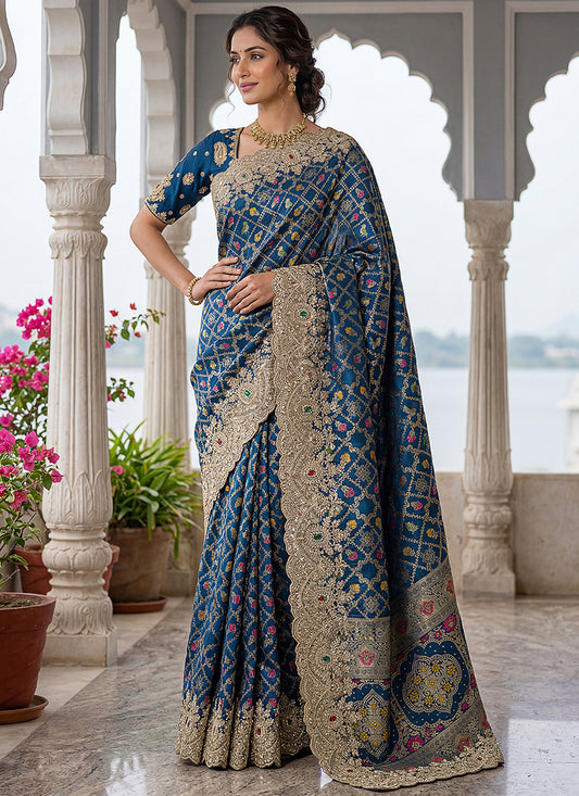 Blue  Banarasi Silk Embroidery Work Wedding Wear Saree SW159339