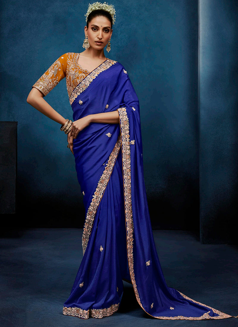 Blue  Fancy Silk Embroidery Work Wedding Wear Saree SW963255