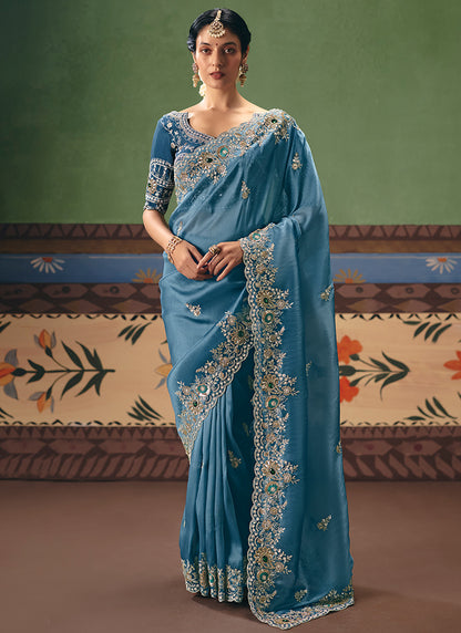Blue  Fancy Embroidery Work Wedding Wear Saree SW594727