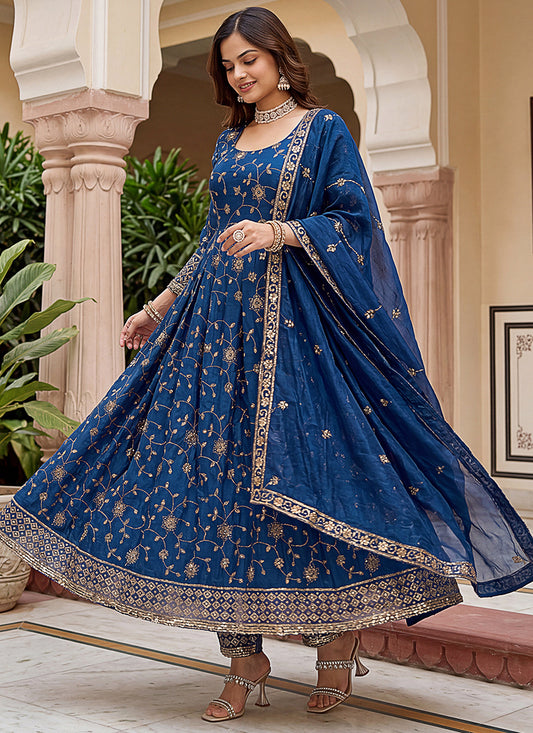 Blue  Silk Embroidery Work Occasional Wear Readymade Anarkali Suit SW706941