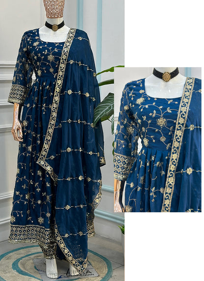 Blue  Silk Embroidery Work Occasional Wear Readymade Anarkali Suit SW706941