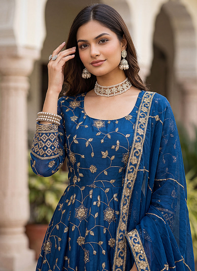 Blue  Silk Embroidery Work Occasional Wear Readymade Anarkali Suit SW706941