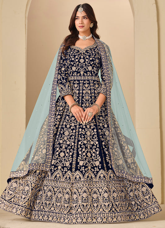 Blue  Velvet Embroidery Work Party Wear Gown With Dupatta SW657696