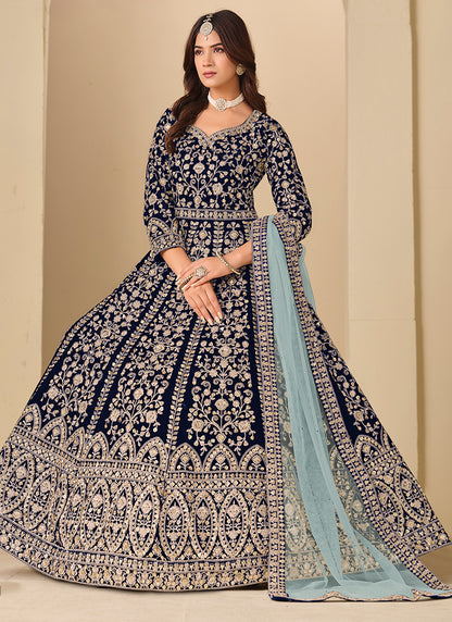 Blue  Velvet Embroidery Work Party Wear Gown With Dupatta SW657696