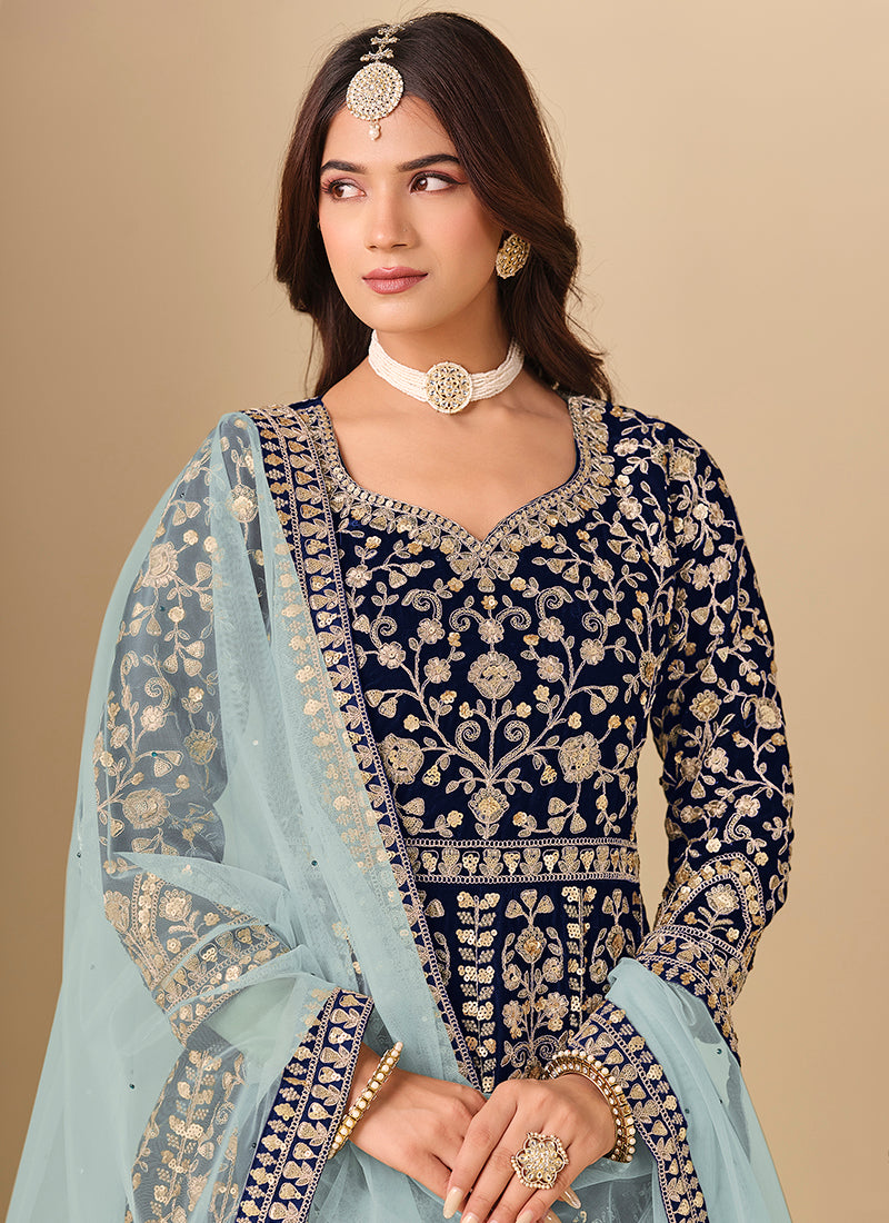 Blue  Velvet Embroidery Work Party Wear Gown With Dupatta SW657696
