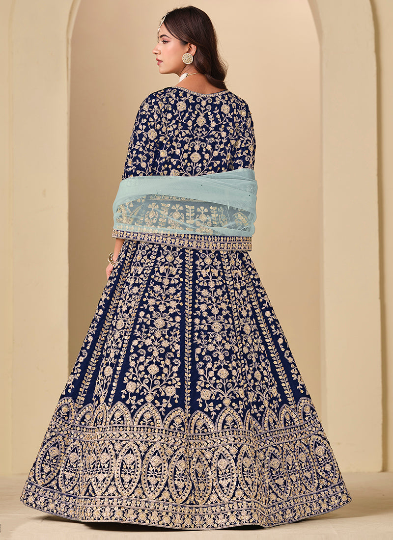 Blue  Velvet Embroidery Work Party Wear Gown With Dupatta SW657696