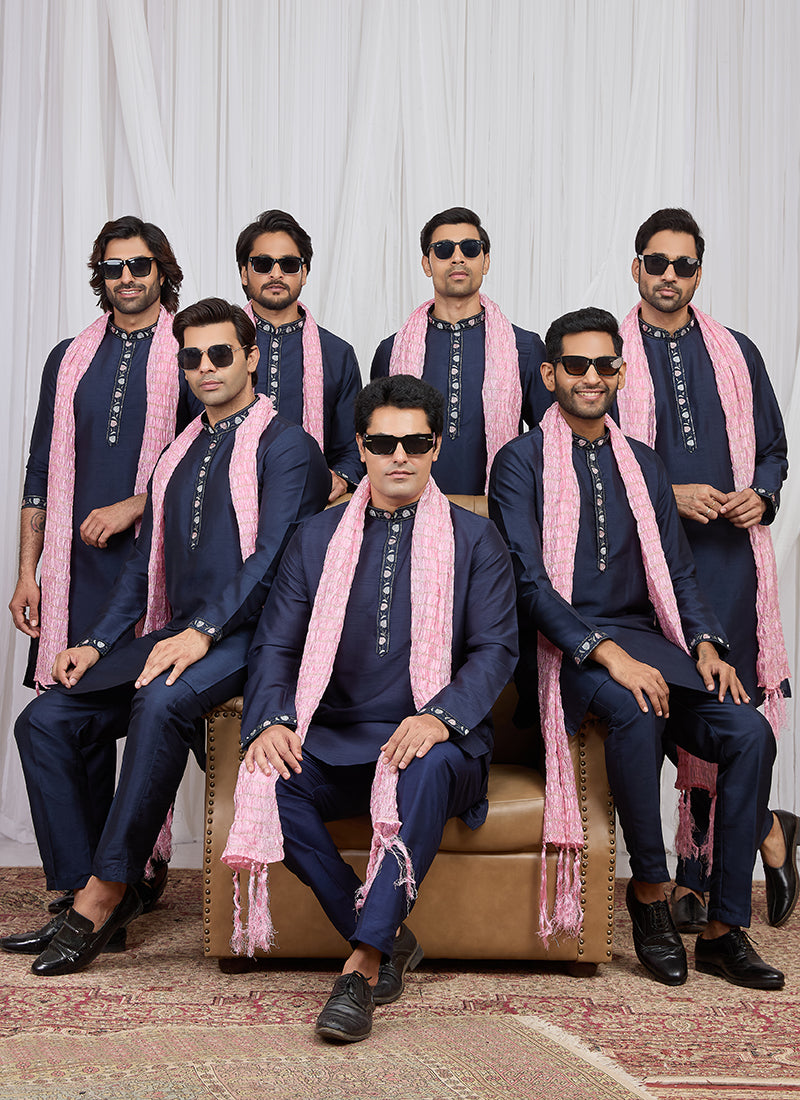 Blue Art Silk Patten Pcs Occasional Wear Readymade Kurta Pajama With Stole SW541686