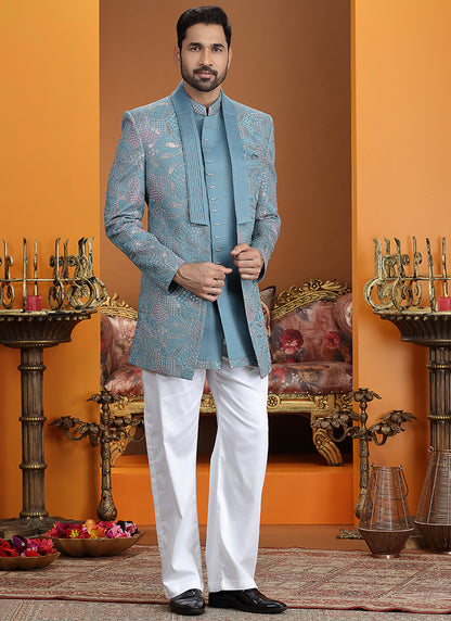 Art Silk Blue Party Wear Computer Thread Work Readymade IndoWestern Sherwani 387369
