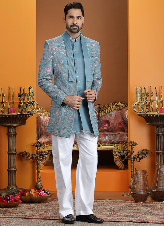 Art Silk Blue Party Wear Computer Thread Work Readymade IndoWestern Sherwani 387369
