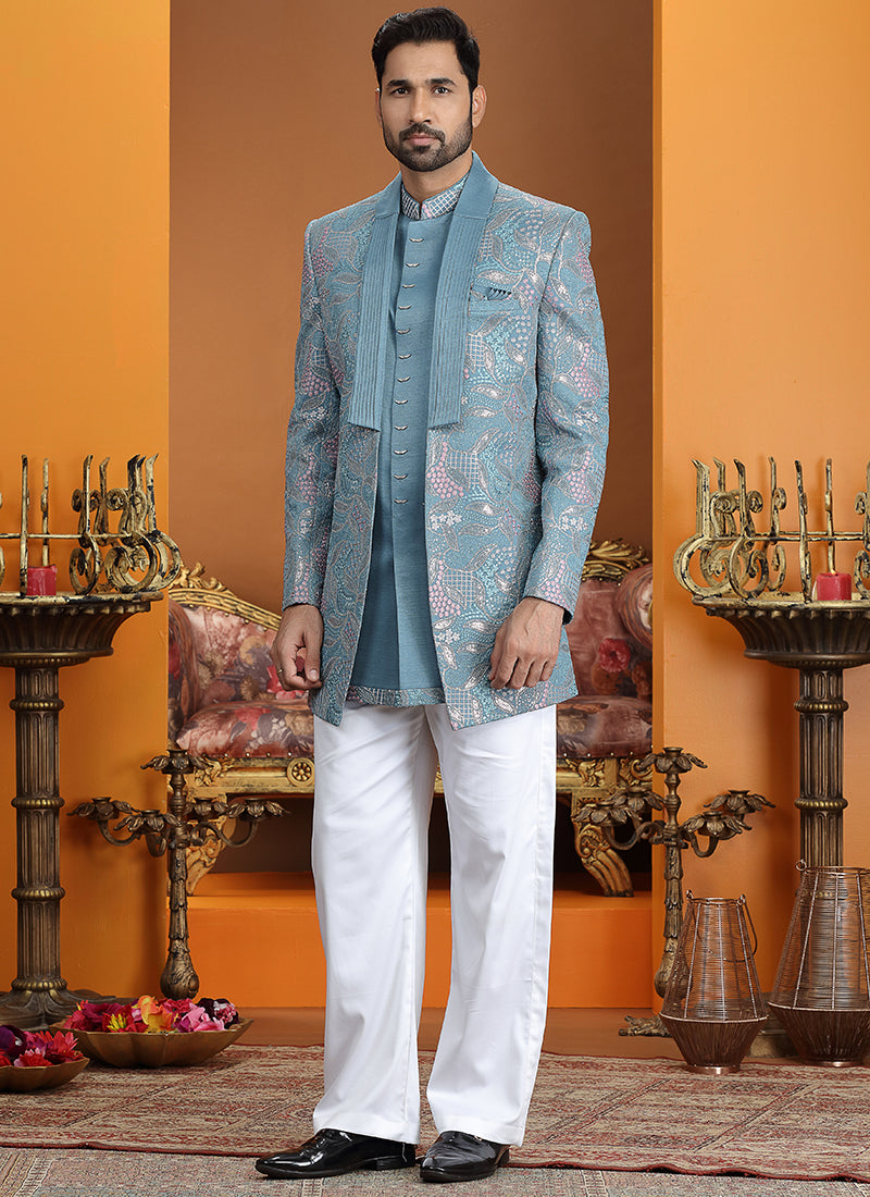 Art Silk Blue Party Wear Computer Thread Work Readymade IndoWestern Sherwani 387369