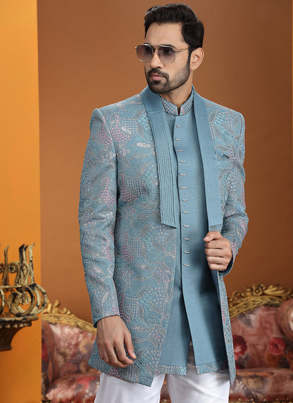 Art Silk Blue Party Wear Computer Thread Work Readymade IndoWestern Sherwani 387369