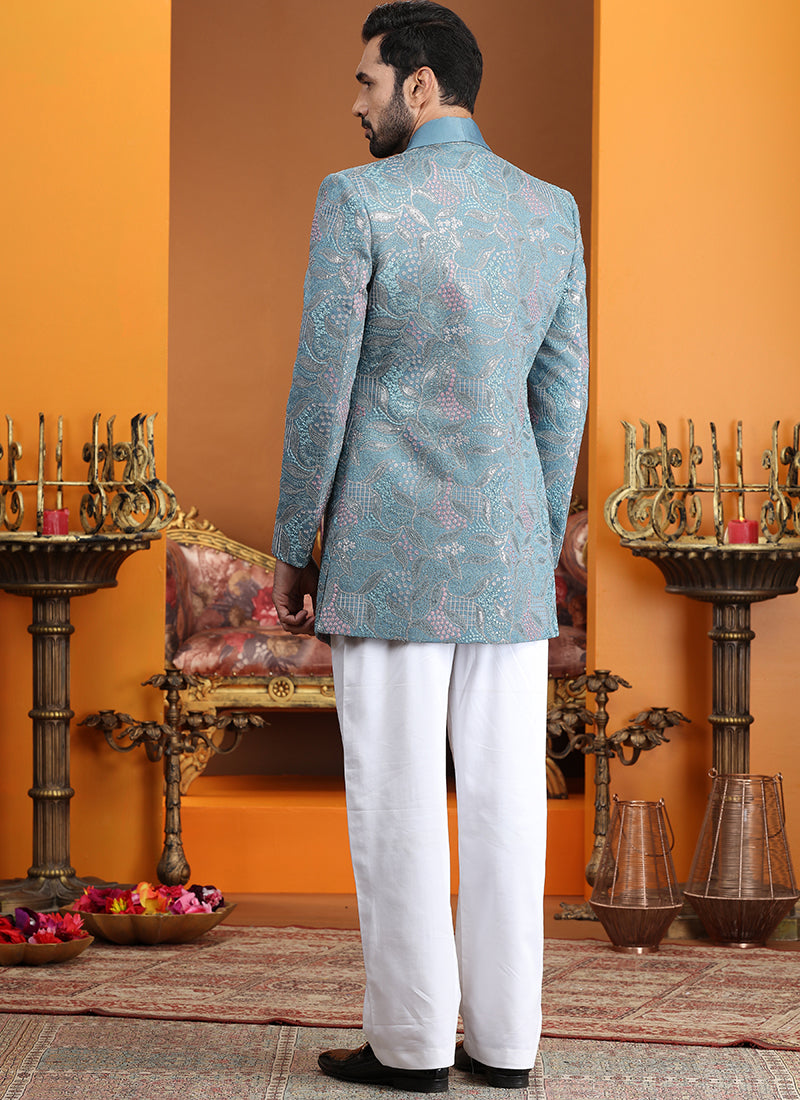 Art Silk Blue Party Wear Computer Thread Work Readymade IndoWestern Sherwani 387369