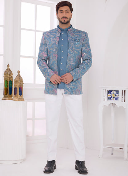 Blue Art Silk Pattern Pc Work Party Wear Readymade Jodhpuri Suit SW646051