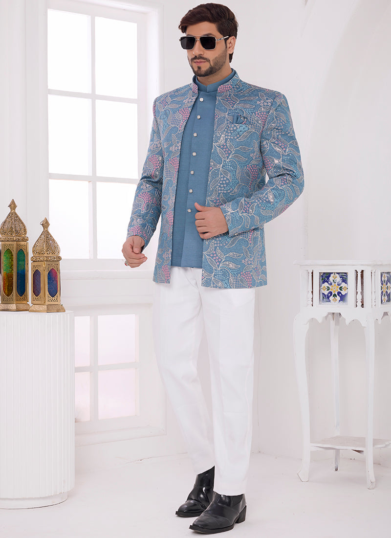 Blue Art Silk Pattern Pc Work Party Wear Readymade Jodhpuri Suit SW646051