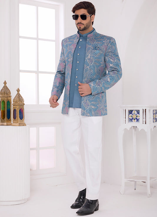 Blue Art Silk Pattern Pc Work Party Wear Readymade Jodhpuri Suit SW646051
