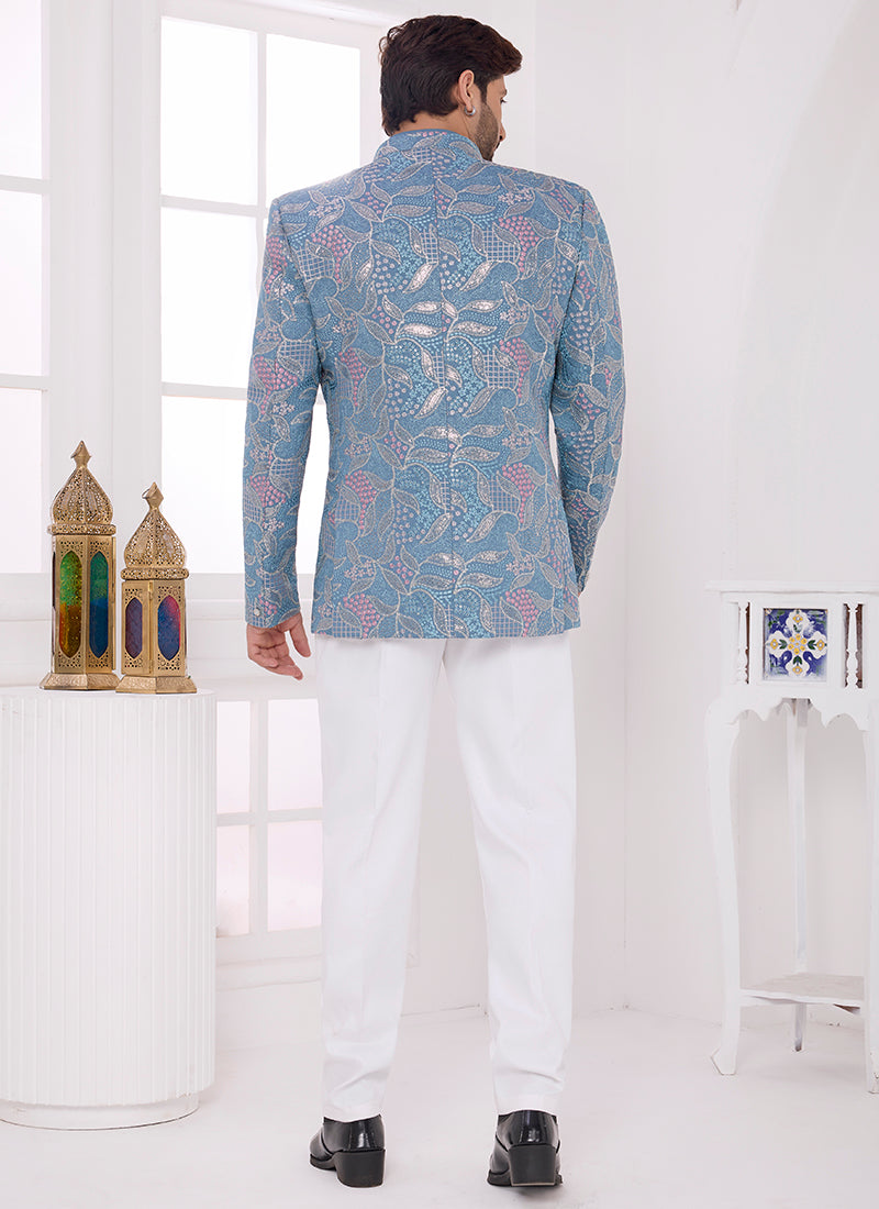 Blue Art Silk Pattern Pc Work Party Wear Readymade Jodhpuri Suit SW646051