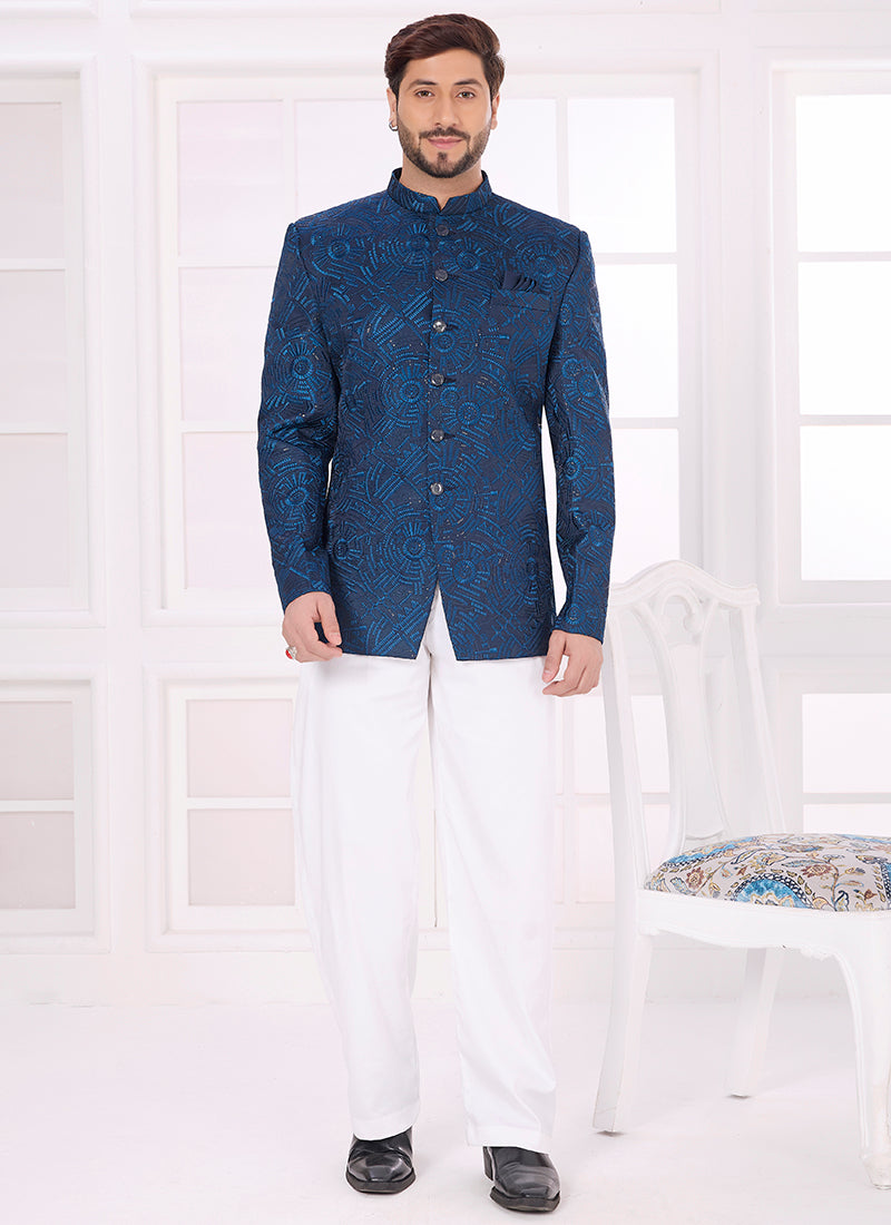 Blue Art Silk Pattern Pc Work Party Wear Readymade Jodhpuri Suit SW952293