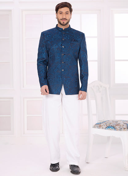 Blue Art Silk Pattern Pc Work Party Wear Readymade Jodhpuri Suit SW952293