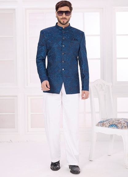 Blue Art Silk Pattern Pc Work Party Wear Readymade Jodhpuri Suit SW952293