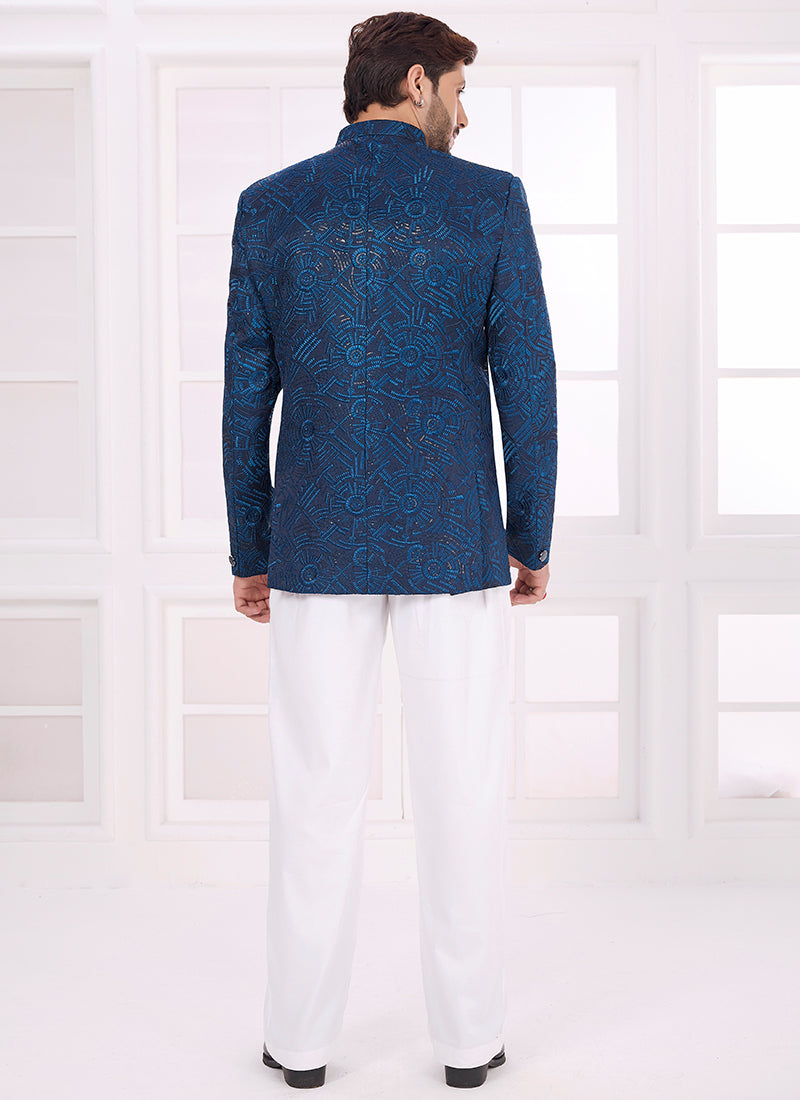 Blue Art Silk Pattern Pc Work Party Wear Readymade Jodhpuri Suit SW952293