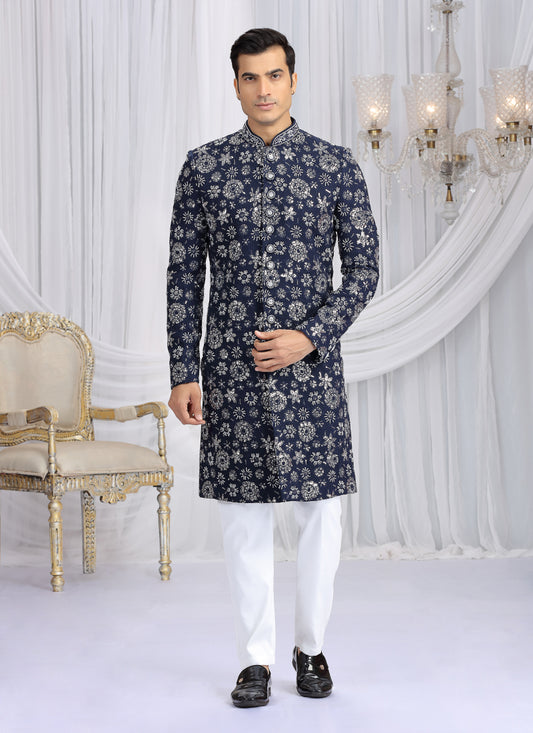 Art Silk Blue Wedding Wear Computer Thread Work Readymade Indo Western Sherwani 386020