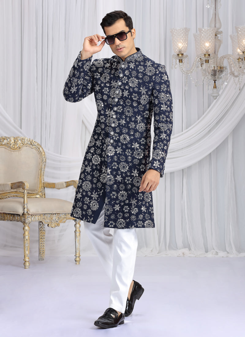 Art Silk Blue Wedding Wear Computer Thread Work Readymade Indo Western Sherwani 386020