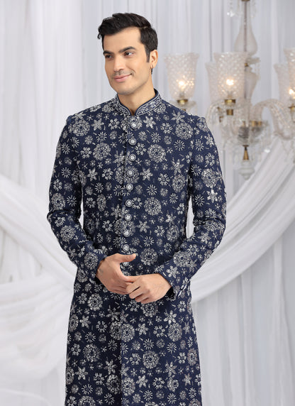 Art Silk Blue Wedding Wear Computer Thread Work Readymade Indo Western Sherwani 386020