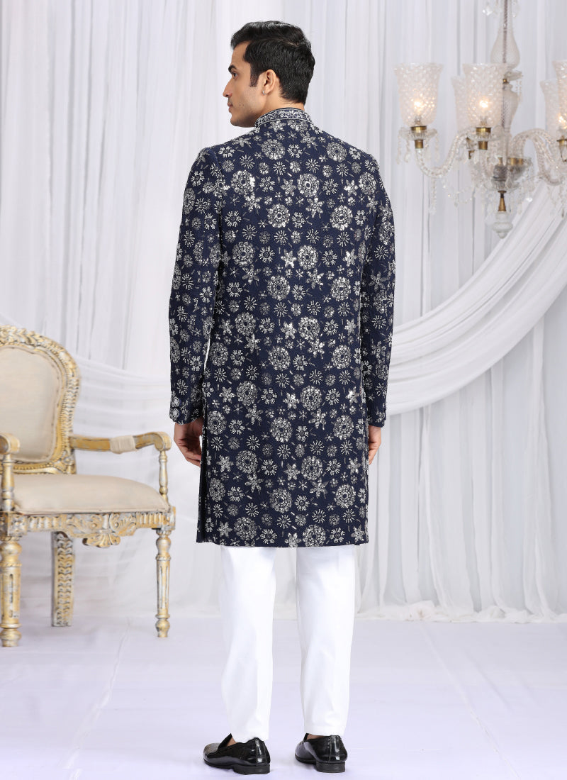 Art Silk Blue Wedding Wear Computer Thread Work Readymade Indo Western Sherwani 386020