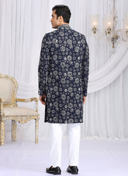 Art Silk Blue Wedding Wear Computer Thread Work Readymade Indo Western Sherwani 386020