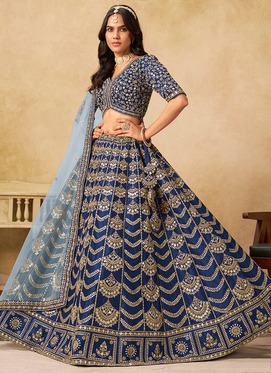 Art Silk Blue Wedding Wear Sequin Work Lehenga Choli 386543