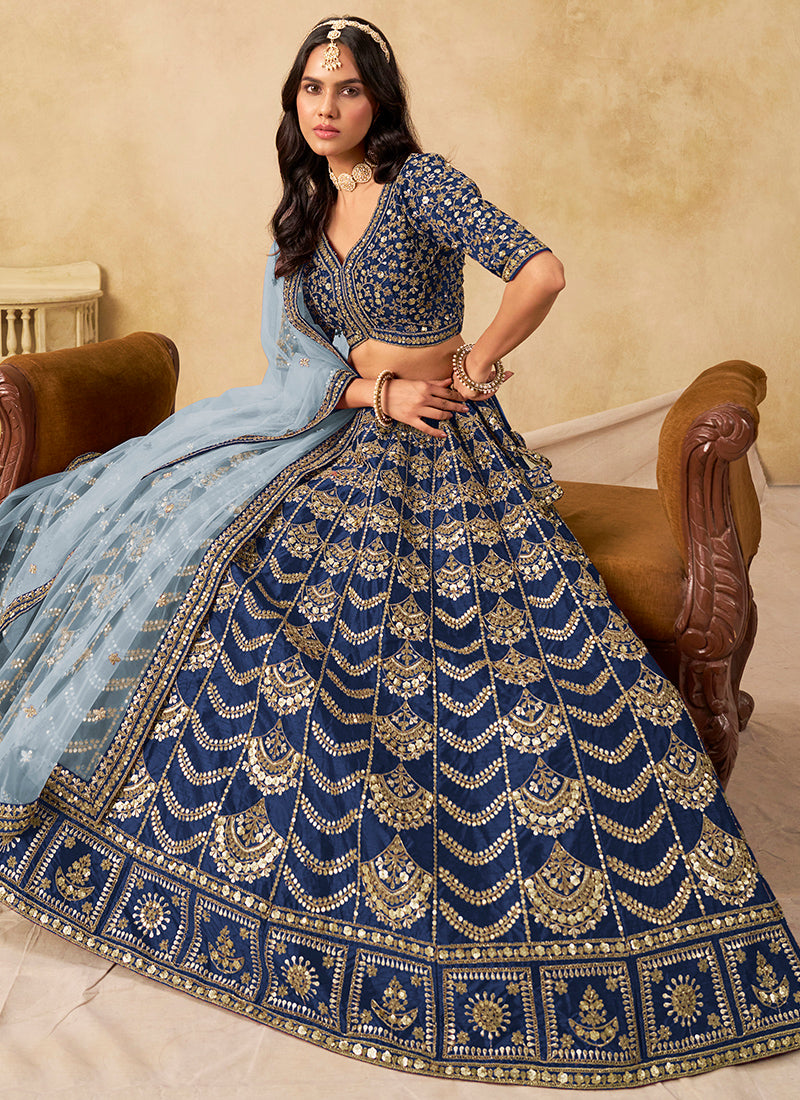 Art Silk Blue Wedding Wear Sequin Work Lehenga Choli 386543
