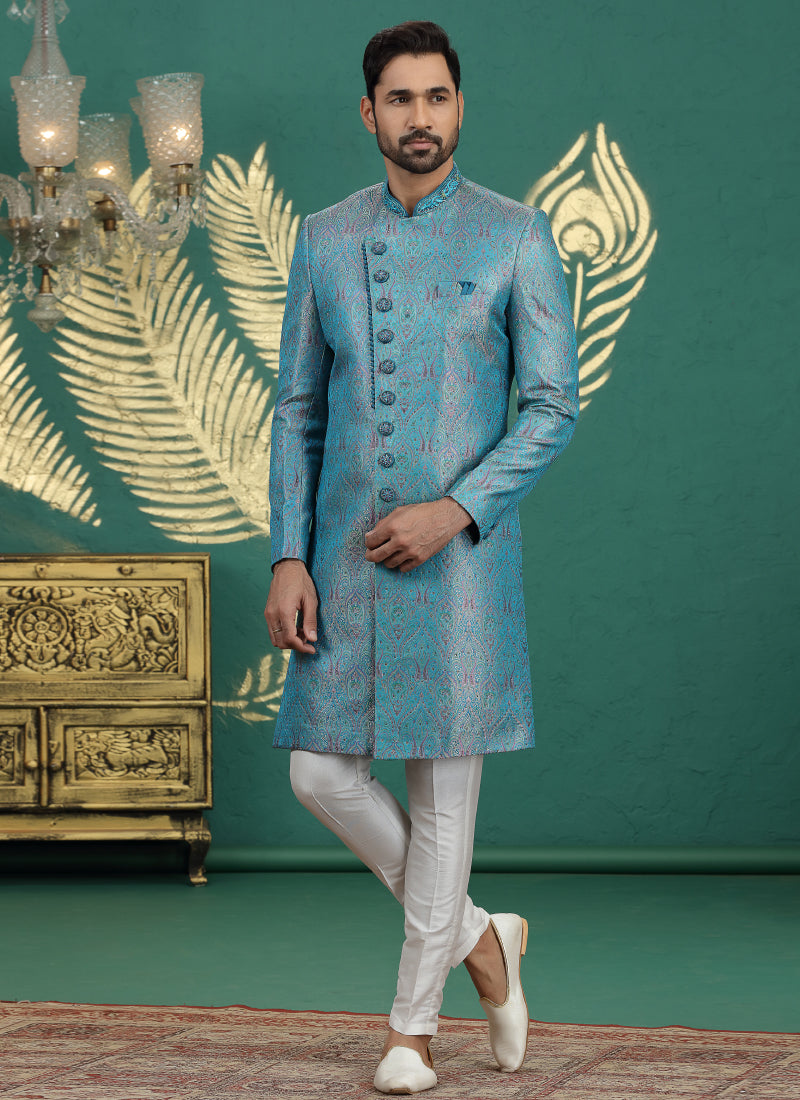 Banarasi Jacquard Blue Wedding Wear Neck Work Readymade Groom Sherwani 385998