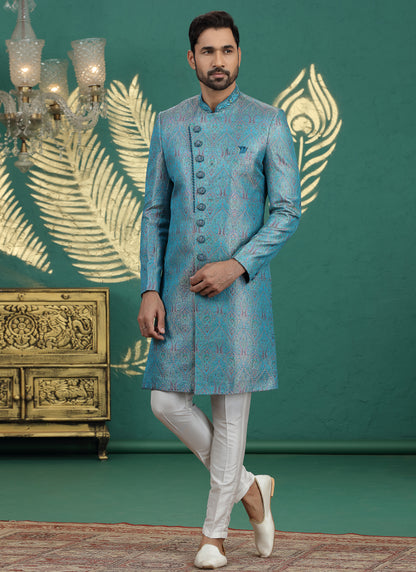 Banarasi Jacquard Blue Wedding Wear Neck Work Readymade Groom Sherwani 385998