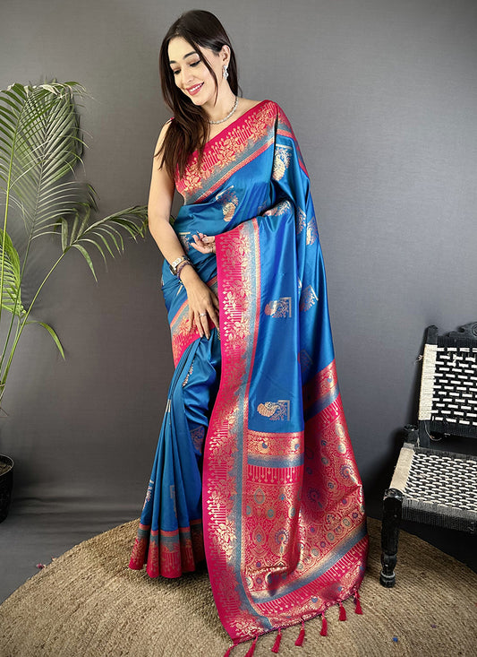 Banarasi Silk Blue Festival Wear Weaving Work Saree 387976