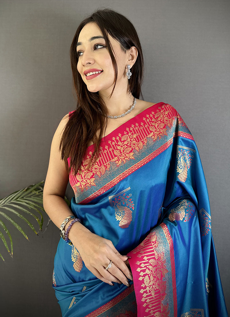 Banarasi Silk Blue Festival Wear Weaving Work Saree 387976