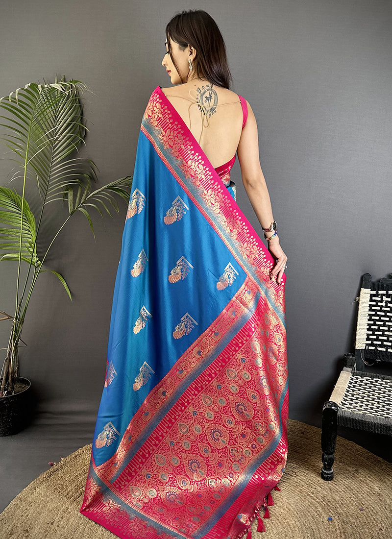 Banarasi Silk Blue Festival Wear Weaving Work Saree 387976