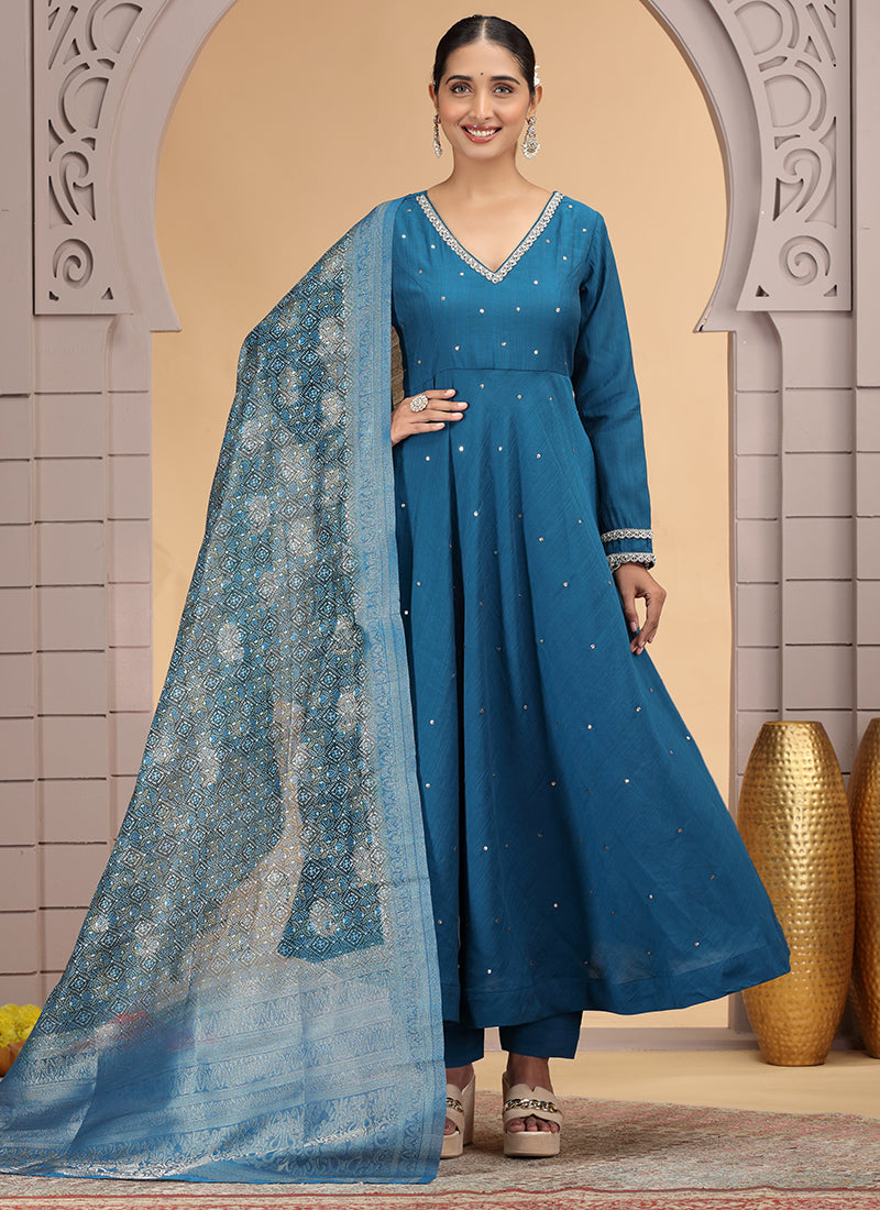 Chiffon Blue Festival Wear Pattern Pc Work Readymade Anarkali Suit 386182