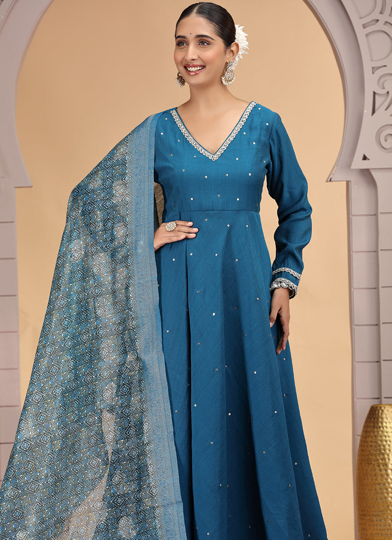 Chiffon Blue Festival Wear Pattern Pc Work Readymade Anarkali Suit 386182