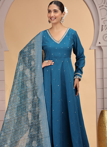 Chiffon Blue Festival Wear Pattern Pc Work Readymade Anarkali Suit 386182