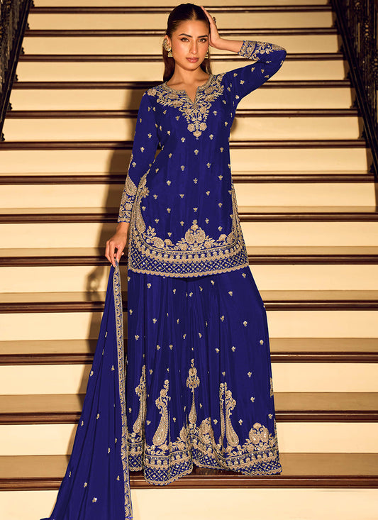 Blue Chinon Embroidery Work Occasional Wear Readymade Plazzo Suit SW878033