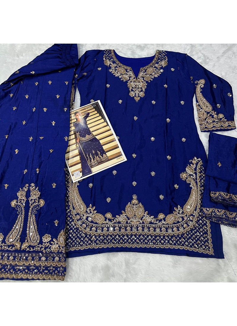 Blue Chinon Embroidery Work Occasional Wear Readymade Plazzo Suit SW878033