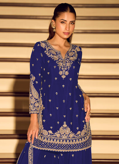 Blue Chinon Embroidery Work Occasional Wear Readymade Plazzo Suit SW878033