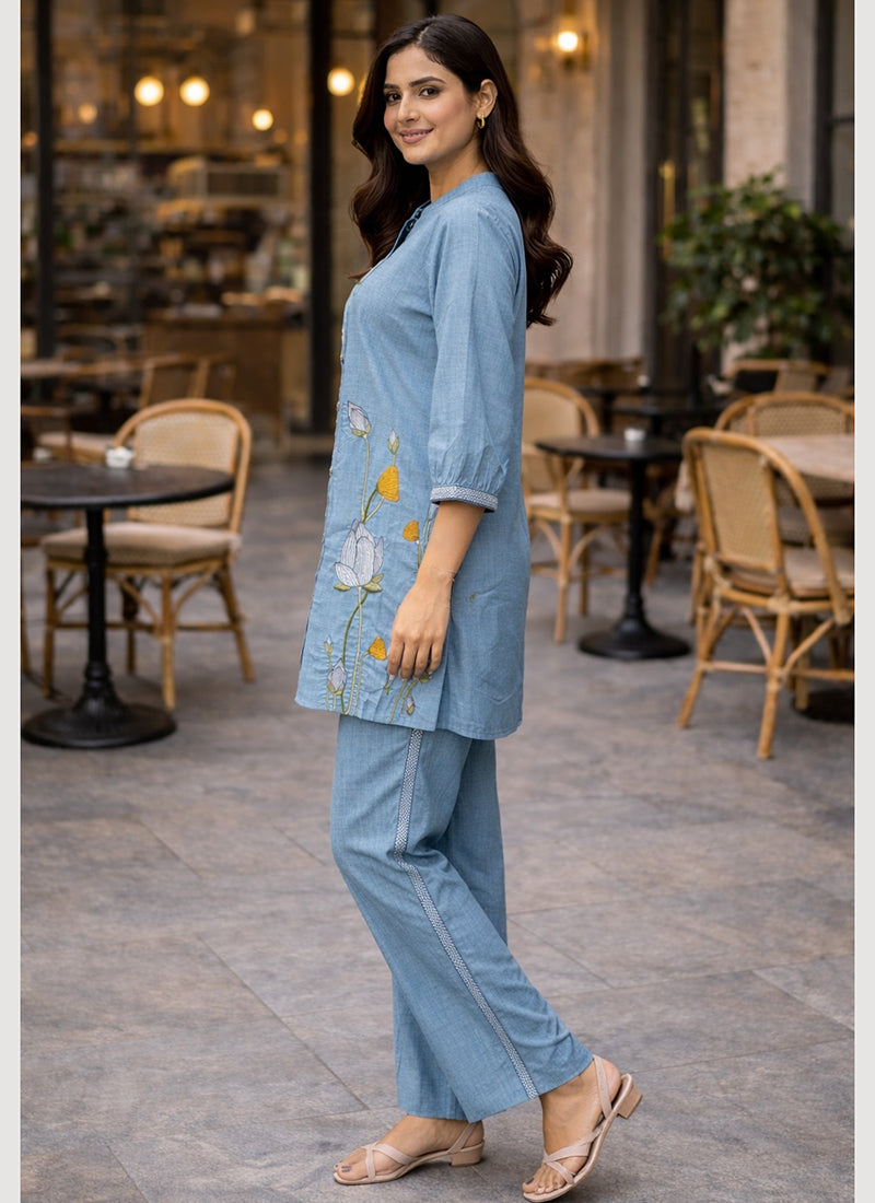 Blue Cotton Thread Work Daily Wear Readymade Cord Set SW824812