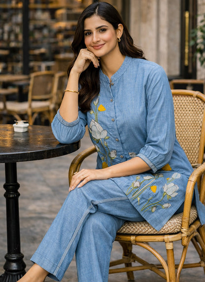 Blue Cotton Thread Work Daily Wear Readymade Cord Set SW824812