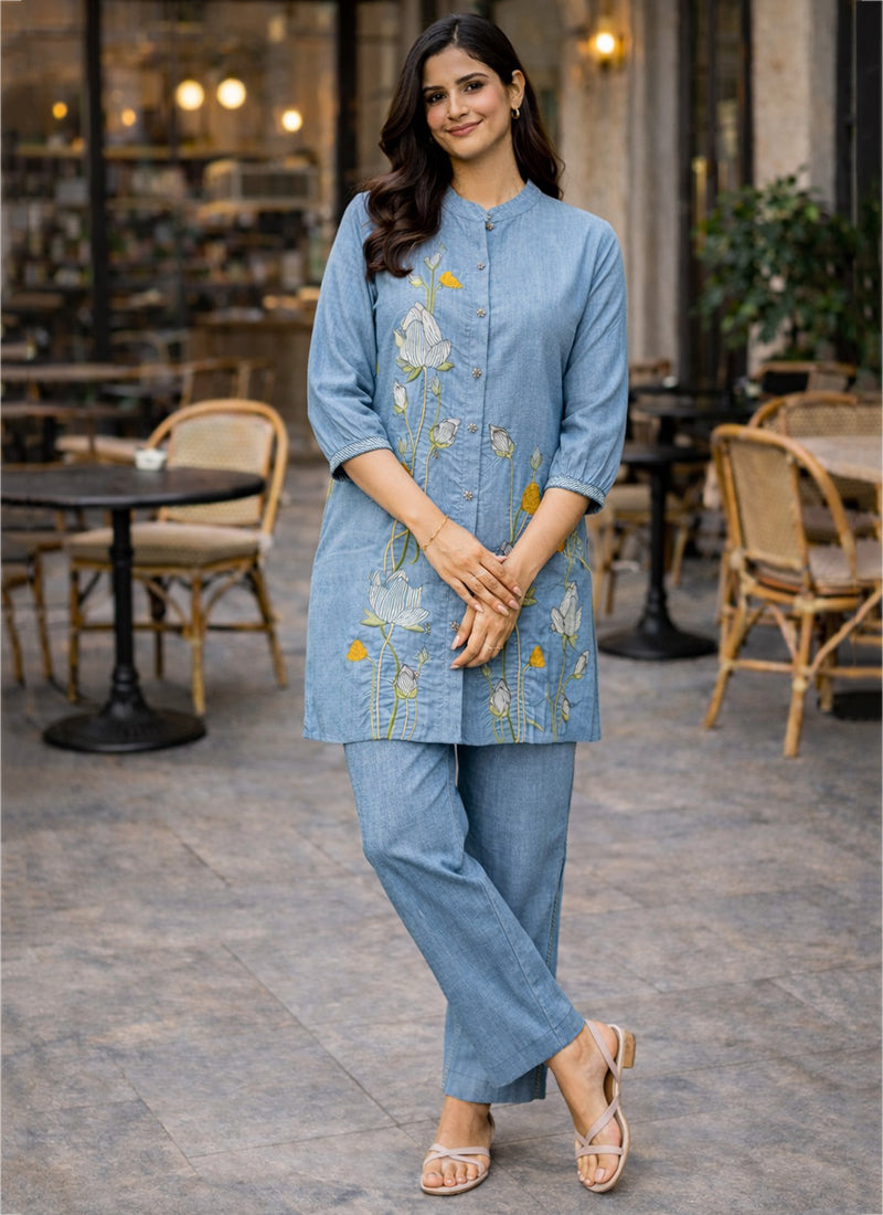 Blue Cotton Thread Work Daily Wear Readymade Cord Set SW824812