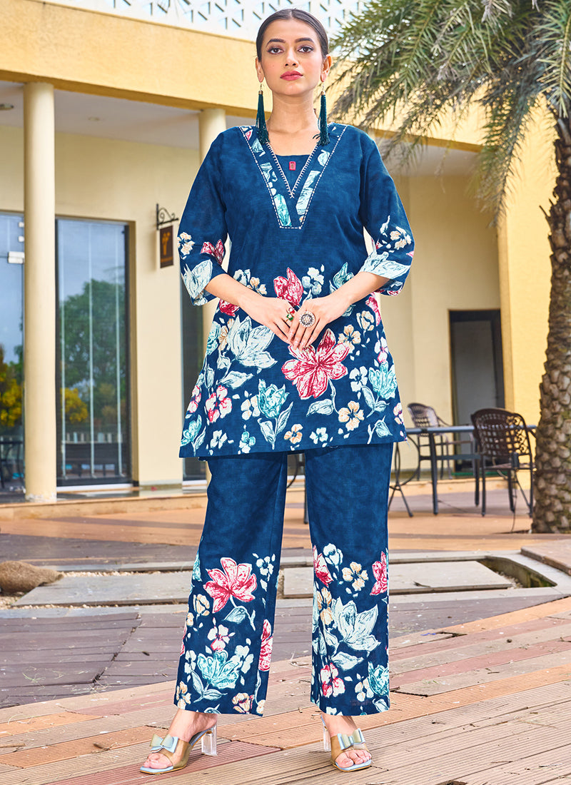 Cotton Blue Casual Wear Hand Work Readymade Cord Set 384912