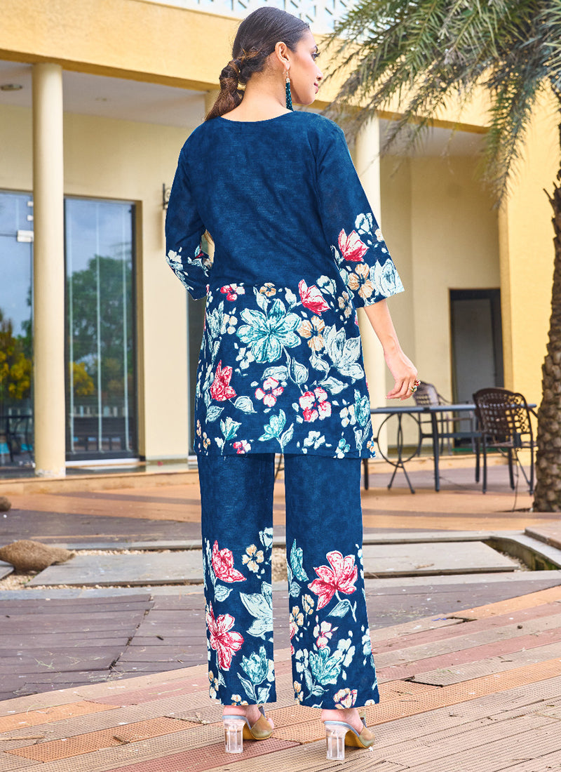 Cotton Blue Casual Wear Hand Work Readymade Cord Set 384912