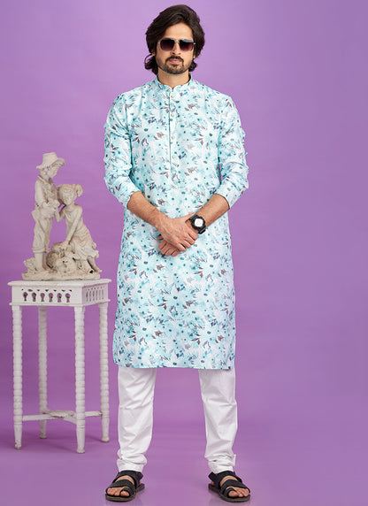 Blue Cotton Pintux Work Festival Wear Readymade Kurta Pajama SW174648